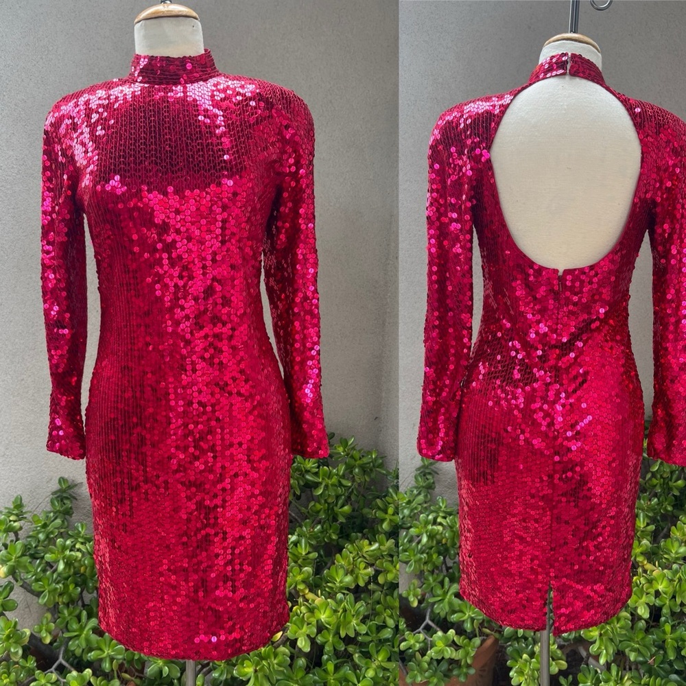 Vintage Disco Dress Ruby Red Sequins Keyhole Back… - image 1